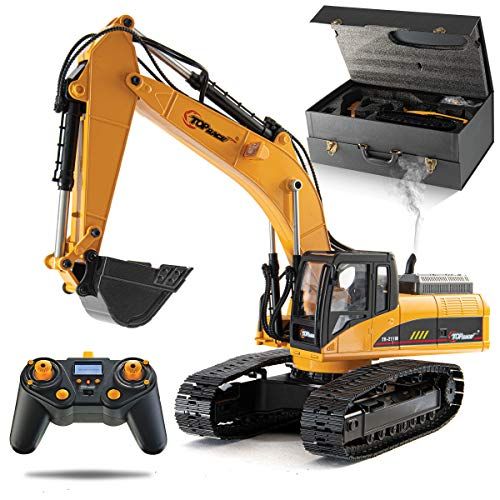  Top Race 23 Channel Hobby Remote Control Excavator, V4, Construction Vehicle RC Tractor, Full Metal Excavator Toy, Carries 180 Lbs, Diggs 1.1 Lbs Per Cubic Inch, Real Smoke, Use Wi