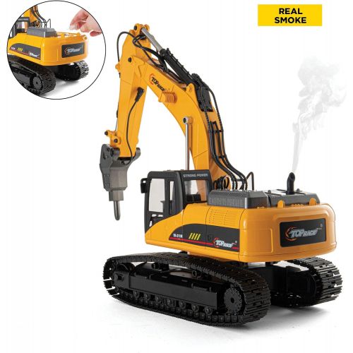  Top Race 23 Channel Hobby Remote Control Excavator, V4, Construction Vehicle RC Tractor, Full Metal Excavator Toy, Carries 180 Lbs, Diggs 1.1 Lbs Per Cubic Inch, Real Smoke, Use Wi