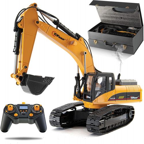  Top Race 23 Channel Hobby Remote Control Excavator, V4, Construction Vehicle RC Tractor, Full Metal Excavator Toy, Carries 180 Lbs, Diggs 1.1 Lbs Per Cubic Inch, Real Smoke, Use Wi