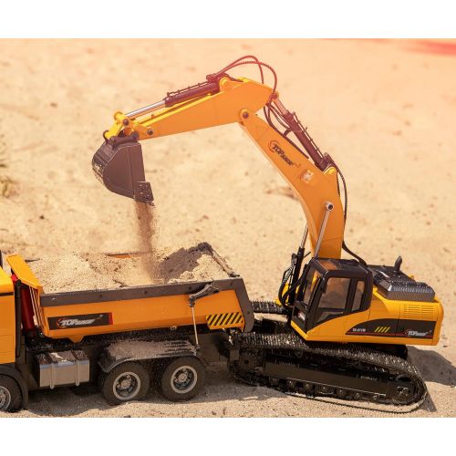  Top Race 23 Channel Full Functional Remote Control Excavator Construction Tractor, Full Metal Excavator Toy Can Carry up to 110 Lbs, Digging Power of 1.1 Lbs Per Cubic Inch, Real S