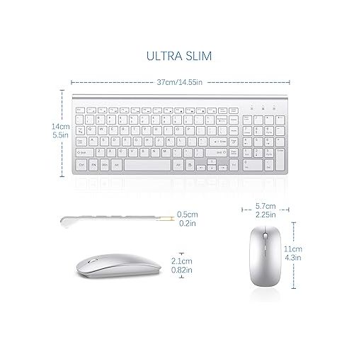  Wireless Keyboard and Mouse Ultra Slim Combo, TopMate 2.4G Silent Compact USB 2400DPI Mouse and Scissor Switch Keyboard Set with Cover, 2 AA and 2 AAA Batteries, for PC/Laptop/Windows/Mac-Silver White