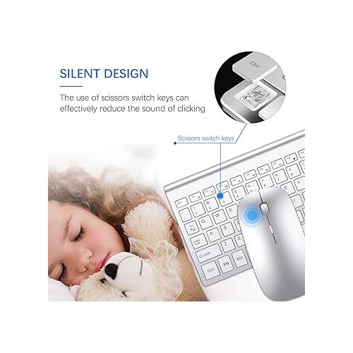  Wireless Keyboard and Mouse Ultra Slim Combo, TopMate 2.4G Silent Compact USB 2400DPI Mouse and Scissor Switch Keyboard Set with Cover, 2 AA and 2 AAA Batteries, for PC/Laptop/Windows/Mac-Silver White