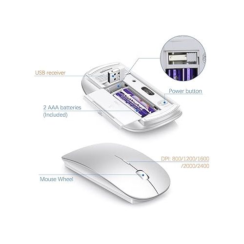  Wireless Keyboard and Mouse Ultra Slim Combo, TopMate 2.4G Silent Compact USB 2400DPI Mouse and Scissor Switch Keyboard Set with Cover, 2 AA and 2 AAA Batteries, for PC/Laptop/Windows/Mac-Silver White