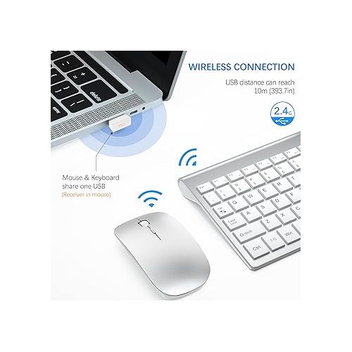  Wireless Keyboard and Mouse Ultra Slim Combo, TopMate 2.4G Silent Compact USB 2400DPI Mouse and Scissor Switch Keyboard Set with Cover, 2 AA and 2 AAA Batteries, for PC/Laptop/Windows/Mac-Silver White