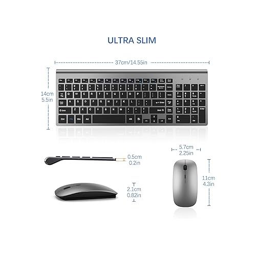  Wireless Keyboard and Mouse Ultra Slim Combo, TopMate 2.4G Silent Compact USB 2400DPI Mouse and Scissor Switch Keyboard Set with Cover, 2 AA and 2 AAA Batteries, for PC/Laptop/Windows/Mac - Gray Black