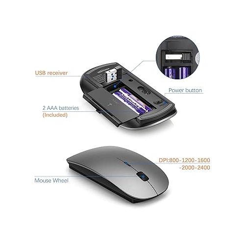  Wireless Keyboard and Mouse Ultra Slim Combo, TopMate 2.4G Silent Compact USB 2400DPI Mouse and Scissor Switch Keyboard Set with Cover, 2 AA and 2 AAA Batteries, for PC/Laptop/Windows/Mac - Gray Black