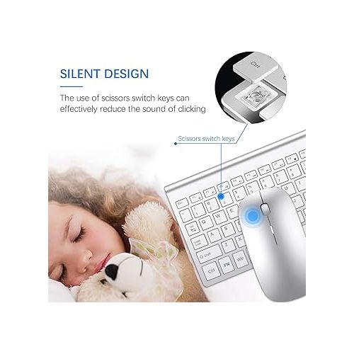  Wireless Keyboard and Mouse Ultra Slim Combo, TopMate 2.4G Silent Compact USB Mouse and Scissor Switch Keyboard Set with Cover, Silver White