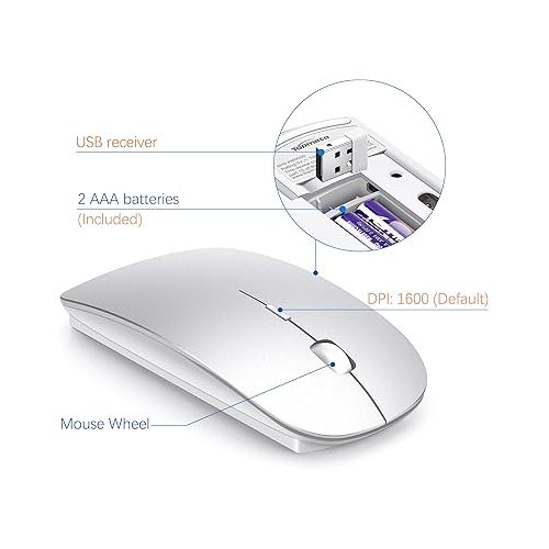  Wireless Keyboard and Mouse Ultra Slim Combo, TopMate 2.4G Silent Compact USB Mouse and Scissor Switch Keyboard Set with Cover, Silver White