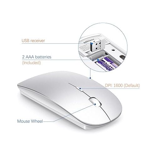  TopMate Wireless Keyboard and Mouse Ultra Slim Combo, 2.4G Silent Compact USB Mouse and Scissor Switch Keyboard Set with Cover, 2 AA and 2 AAA Batteries, for PC/Laptop/Windows/Mac - Silver White