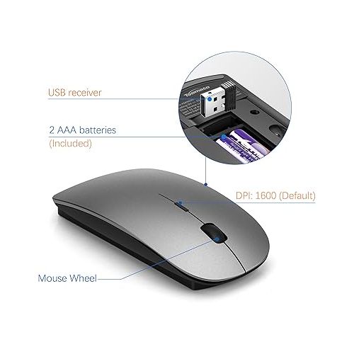  TopMate Wireless Keyboard and Mouse Ultra Slim Combo, 2.4G Silent Compact USB Mouse and Scissor Switch Keyboard Set with Cover, 2 AA and 2 AAA Batteries, for PC/Laptop/Windows/Mac - Gray Black