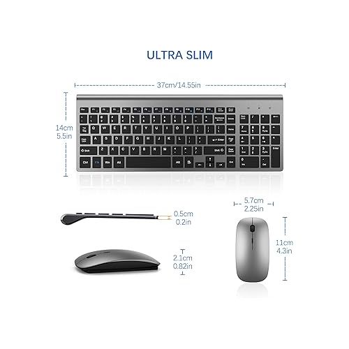  TopMate Wireless Keyboard and Mouse Ultra Slim Combo, 2.4G Silent Compact USB Mouse and Scissor Switch Keyboard Set with Cover, 2 AA and 2 AAA Batteries, for PC/Laptop/Windows/Mac - Gray Black