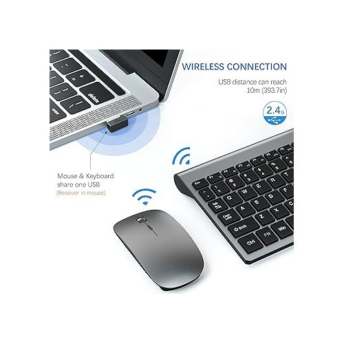  TopMate Wireless Keyboard and Mouse Ultra Slim Combo, 2.4G Silent Compact USB Mouse and Scissor Switch Keyboard Set with Cover, 2 AA and 2 AAA Batteries, for PC/Laptop/Windows/Mac - Gray Black