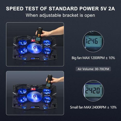  [아마존베스트]TopMate C5 10-15.6 inch Gaming Laptop Cooler Cooling Pad, 5 Quiet Fans and LCD Screen, 5 Heights Adjustment, 2 USB Port and Blue LED Light