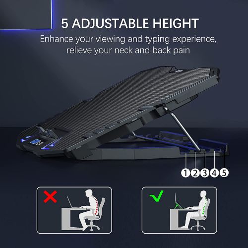  [아마존베스트]TopMate C5 10-15.6 inch Gaming Laptop Cooler Cooling Pad, 5 Quiet Fans and LCD Screen, 5 Heights Adjustment, 2 USB Port and Blue LED Light