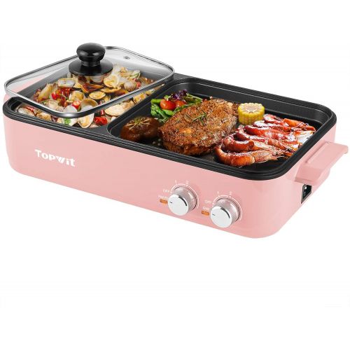  TopWit Electric Grill with Hot Pot, 2 in 1 Indoor Non-Stick Electric Hot Pot and Griddle for Korean BBQ, Steaks, Shabu Shabu and Noodles, Independent Dual Temperature Control, Fast