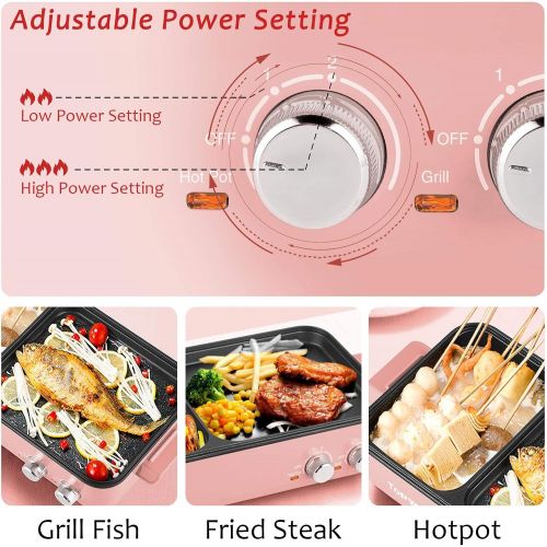  TopWit Electric Grill with Hot Pot, 2 in 1 Indoor Non-Stick Electric Hot Pot and Griddle for Korean BBQ, Steaks, Shabu Shabu and Noodles, Independent Dual Temperature Control, Fast