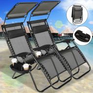 Top_Quality555 Beach Chair with Canopy Zero Gravity Reclining Folding Deck Lounge Sun Shade Trays Set of 2 (Black Pattern)