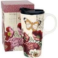 [아마존베스트]Topadorn 17 OZ Ceramic Mug Travel Cup with Handle and Gift Box Red Flower and Butterfly