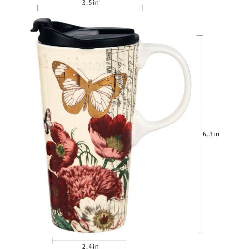  [아마존베스트]Topadorn 17 OZ Ceramic Mug Travel Cup with Handle and Gift Box Red Flower and Butterfly