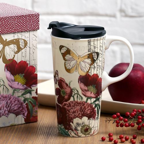  [아마존베스트]Topadorn 17 OZ Ceramic Mug Travel Cup with Handle and Gift Box Red Flower and Butterfly