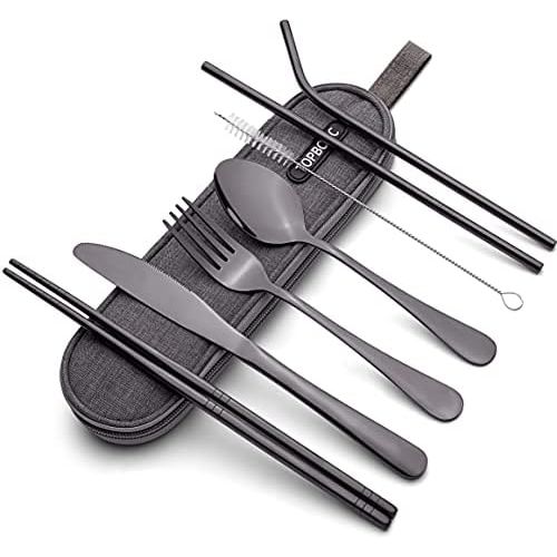  [아마존베스트]Topbooc Portable Stainless Steel Flatware Set, Travel Camping Cutlery Set, Portable Utensil Travel Silverware Dinnerware Set with a Waterproof Case (8-Pieces Flatware Set Black)…