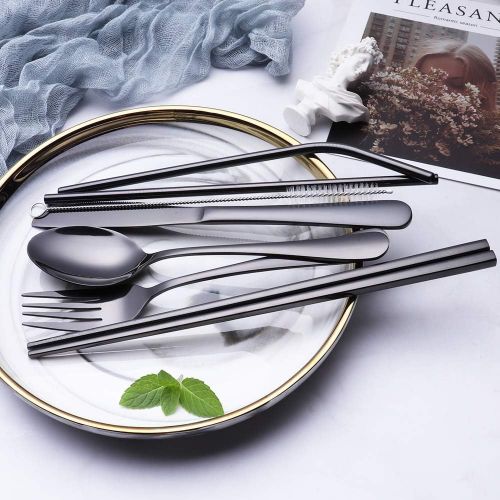  [아마존베스트]Topbooc Portable Stainless Steel Flatware Set, Travel Camping Cutlery Set, Portable Utensil Travel Silverware Dinnerware Set with a Waterproof Case (8-Pieces Flatware Set Black)…