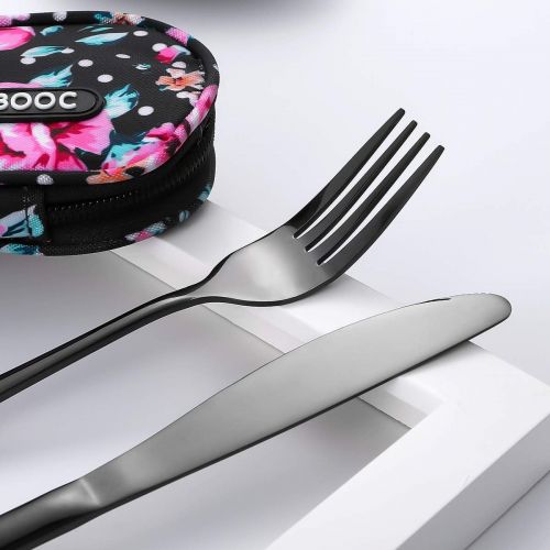  [아마존베스트]Topbooc Travel Utensils,Reusable Silverware Set To Go Portable Cutlery Set with a Waterproof Carrying Case for Lunch Boxes Workplace Camping School Picnic (FlowerCase/Black)