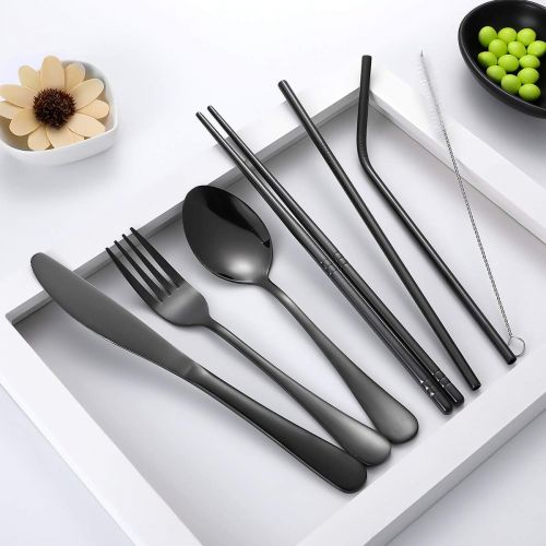  [아마존베스트]Topbooc Travel Utensils,Reusable Silverware Set To Go Portable Cutlery Set with a Waterproof Carrying Case for Lunch Boxes Workplace Camping School Picnic (FlowerCase/Black)