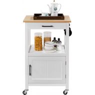Topeakmart Rolling Kitchen Island Utility Cart on Wheels with Wood Top, Storage Drawer Shelf and Side Hooks, for Dining Rooms Kitchens Living Rooms White