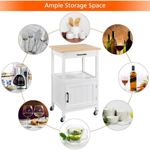  Topeakmart Rolling Kitchen Island Utility Cart on Wheels with Wood Top, Storage Drawer Shelf and Side Hooks, for Dining Rooms Kitchens Living Rooms White