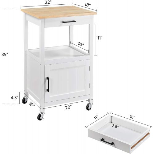  Topeakmart Rolling Kitchen Island Utility Cart on Wheels with Wood Top, Storage Drawer Shelf and Side Hooks, for Dining Rooms Kitchens Living Rooms White