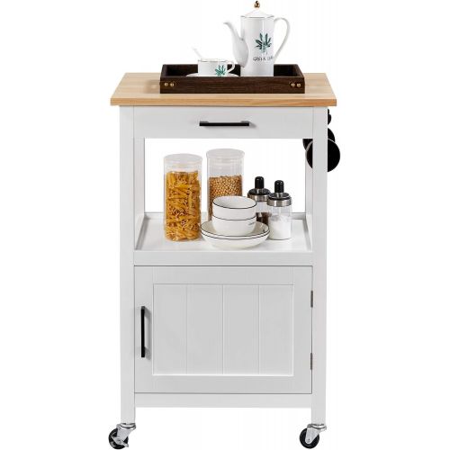  Topeakmart Rolling Kitchen Island Utility Cart on Wheels with Wood Top, Storage Drawer Shelf and Side Hooks, for Dining Rooms Kitchens Living Rooms White