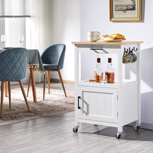  Topeakmart Rolling Kitchen Island Utility Cart on Wheels with Wood Top, Storage Drawer Shelf and Side Hooks, for Dining Rooms Kitchens Living Rooms White