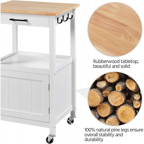  Topeakmart Rolling Kitchen Island Utility Cart on Wheels with Wood Top, Storage Drawer Shelf and Side Hooks, for Dining Rooms Kitchens Living Rooms White