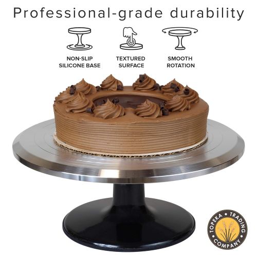  Topeka Trading Company Rotating Cake Decorating Turntable With Bonus Icing Spatula | 12 Diameter Aluminum Alloy Stand With Platform | Non-Slip Base & Smooth Rotation (Silver/Black)