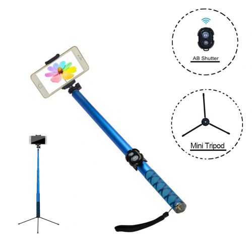  Topfit Cellphone Extra-Long Selfie Stick, Extendable Foldable Selfie Stick with Wireless Bluetooth Remote and Adjustable Holder for iPhone,Samsung and Android All Smartphones.(Blue