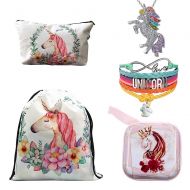 Topgalaxy.Z 5 Unicorn Gifts Set- Unicorn Drawstring Backpack/Unicorn Makeup Bag/Handmade Rainbow Unicorn Bracelet Wristband/Rainbow Unicorn Necklace/Unicorn Coin Purse for Girls (Flower Unicor