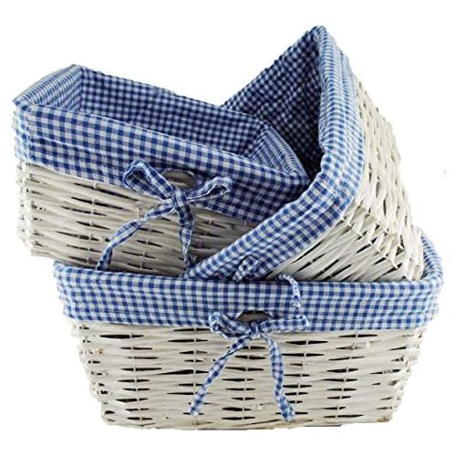  TopherTrading TOPOT Set of 3 Baby Boy Square Nursery Storage Household Sundries Picnic Basket with Blue Gingham Fabric
