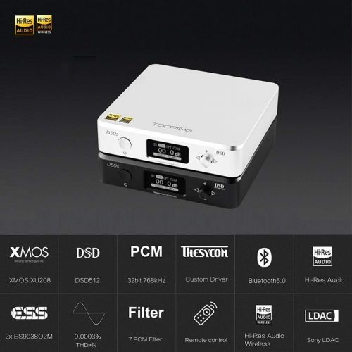  [아마존베스트]Topping D50s Bluetooth5.0 USB DAC HiFi Audio Decoder XMOS XU208 2 x ES9038Q2M DSD512 32Bit/768kHz USB/Opt/Coax(Black)