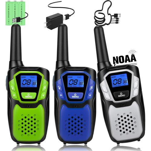  Topsung Walkie Talkies 3 Pack Rechargeable, Easy to Use Long Range Walky Talky Handheld Two Way Radio with NOAA for Hiking Camping (1Blue & 1Green & 1Silver with Relugar Micro-USB Charger/