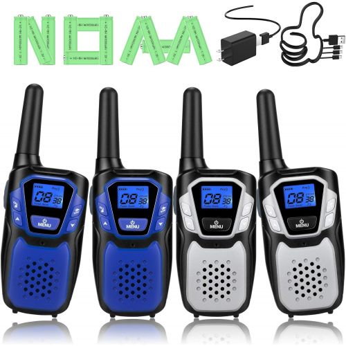  Topsung Walkie Talkies Rechargeable, 4 Pack Easy to Use Long Range Walky Talky for Adult Handheld Two Way Radio with NOAA for Hiking Camping (2Blue & 2Silver with Regular Micro-USB Charger