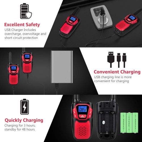  Topsung Walkie Talkies for Adult, Rechargeable Long Range Walky Talky Handheld Two Way Radio with NOAA Weather Scan + Alert, 6 * 1000MAH AA Batteries and USB Charger Included (Red 2 Pack)