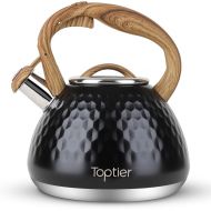 Tea Kettle, Toptier Teapot Whistling Kettle with Wood Pattern Handle Loud Whistle, Food Grade Stainless Steel Tea Pot for Stovetops Induction Diamond Design Water Kettle, 2.7-Quart