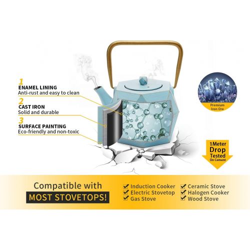  Toptier Cast Iron Teapot, Stovetop Safe Japanese Cast Iron Tea Kettle, Diamond Design Tea Pot with Removable Infuser for Loose Tea, 30 Ounce (900 ml), Blue