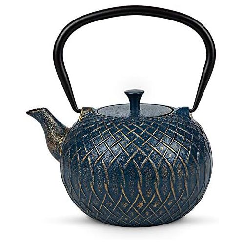  Tea Kettle, Toptier Japanese Cast Iron Tea Kettle for Stove Top, Stovetop Safe Teapot with Infusers for Loose Tea, 34 Ounce (1000 ml), Navy Melody