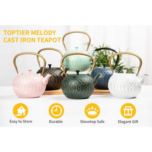  Tea Kettle, Toptier Japanese Cast Iron Tea Kettle for Stove Top, Stovetop Safe Teapot with Infusers for Loose Tea, 34 Ounce (1000 ml), Navy Melody