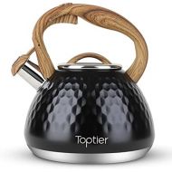 Tea Kettle, Toptier Teapot Whistling Kettle with Wood Pattern Handle Loud Whistle, Food Grade Stainless Steel Tea Pot for Stovetops Induction Diamond Design Water Kettle, 2.7 Quart