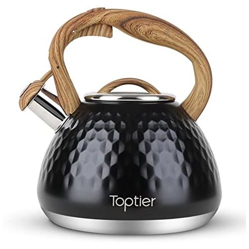  Tea Kettle, Toptier Teapot Whistling Kettle with Wood Pattern Handle Loud Whistle, Food Grade Stainless Steel Tea Pot for Stovetops Induction Diamond Design Water Kettle, 2.7 Quart