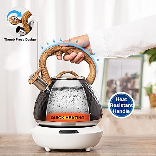  Tea Kettle, Toptier Teapot Whistling Kettle with Wood Pattern Handle Loud Whistle, Food Grade Stainless Steel Tea Pot for Stovetops Induction Diamond Design Water Kettle, 2.7 Quart