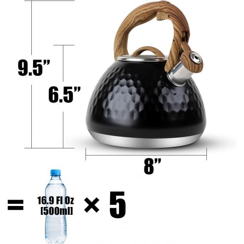  Tea Kettle, Toptier Teapot Whistling Kettle with Wood Pattern Handle Loud Whistle, Food Grade Stainless Steel Tea Pot for Stovetops Induction Diamond Design Water Kettle, 2.7 Quart